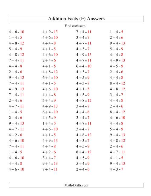 The Single Digit Addition -- 100 Horizontal Questions -- Adding Fours (F) Math Worksheet Page 2