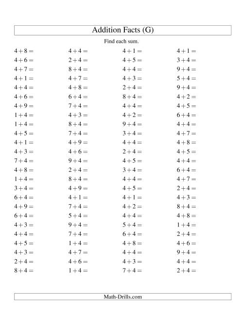 The Single Digit Addition -- 100 Horizontal Questions -- Adding Fours (G) Math Worksheet