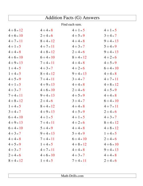 The Single Digit Addition -- 100 Horizontal Questions -- Adding Fours (G) Math Worksheet Page 2