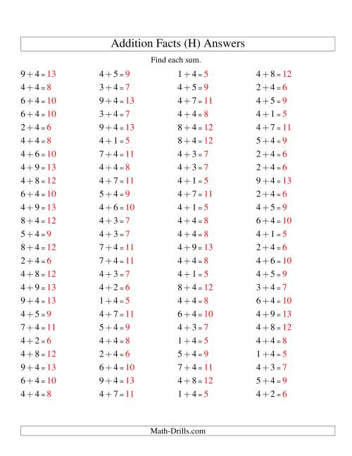 The Single Digit Addition -- 100 Horizontal Questions -- Adding Fours (H) Math Worksheet Page 2