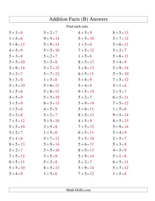 The Single Digit Addition -- 100 Horizontal Questions -- Adding Fives (B) Math Worksheet Page 2