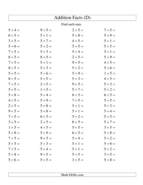The Single Digit Addition -- 100 Horizontal Questions -- Adding Fives (D) Math Worksheet