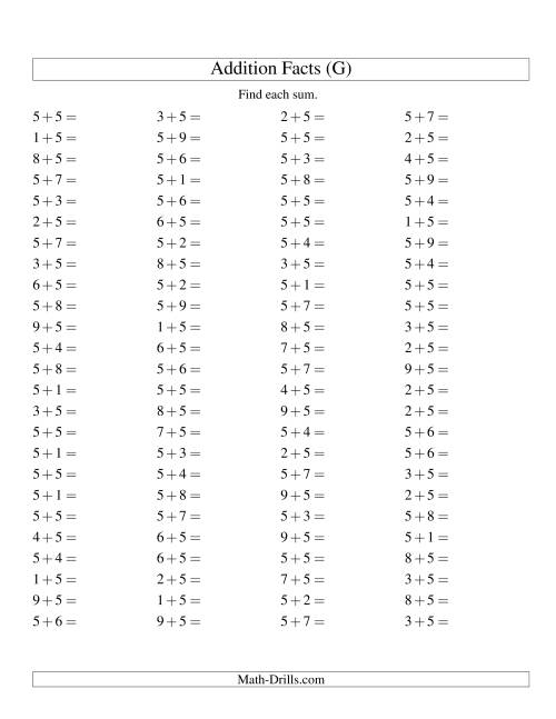 The Single Digit Addition -- 100 Horizontal Questions -- Adding Fives (G) Math Worksheet