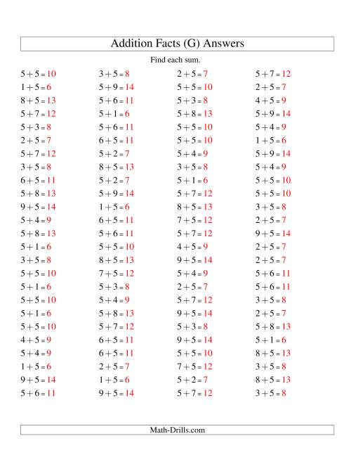 The Single Digit Addition -- 100 Horizontal Questions -- Adding Fives (G) Math Worksheet Page 2