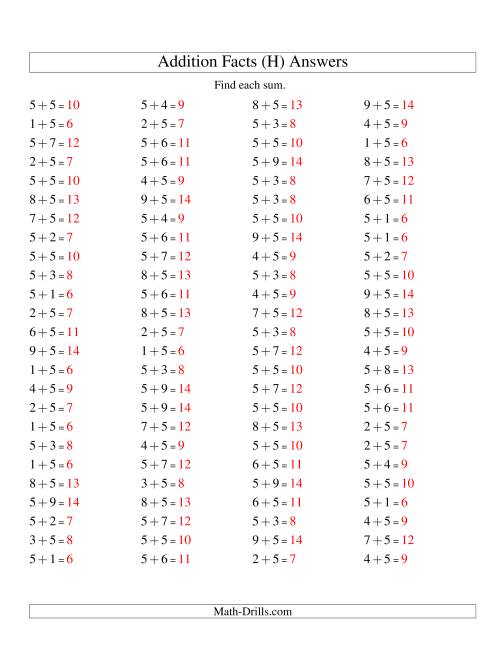 The Single Digit Addition -- 100 Horizontal Questions -- Adding Fives (H) Math Worksheet Page 2