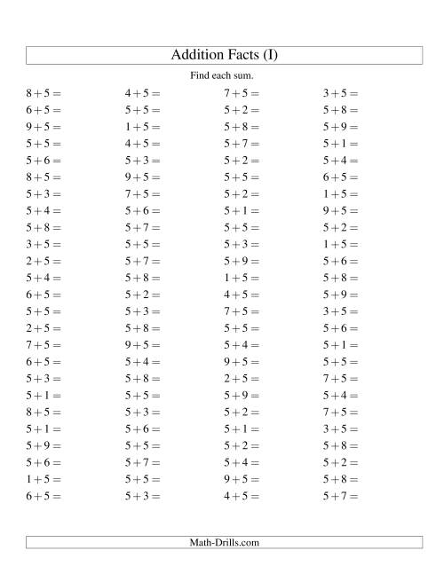 The Single Digit Addition -- 100 Horizontal Questions -- Adding Fives (I) Math Worksheet
