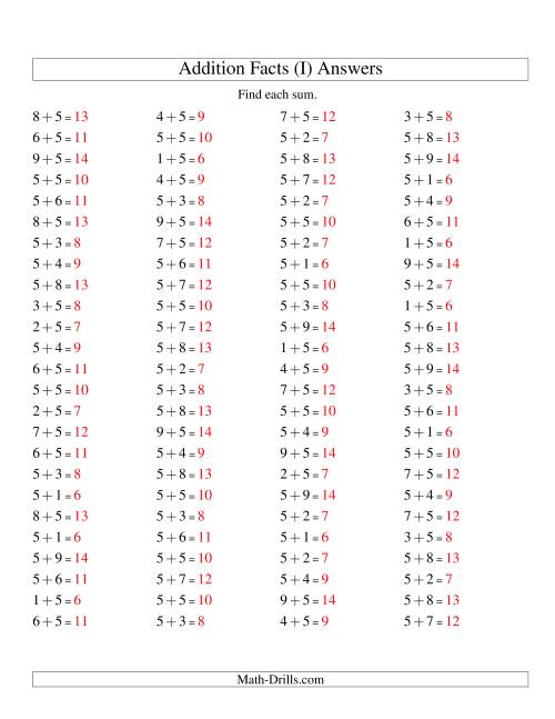 The Single Digit Addition -- 100 Horizontal Questions -- Adding Fives (I) Math Worksheet Page 2
