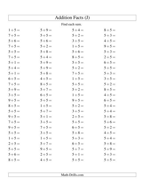 The Single Digit Addition -- 100 Horizontal Questions -- Adding Fives (J) Math Worksheet