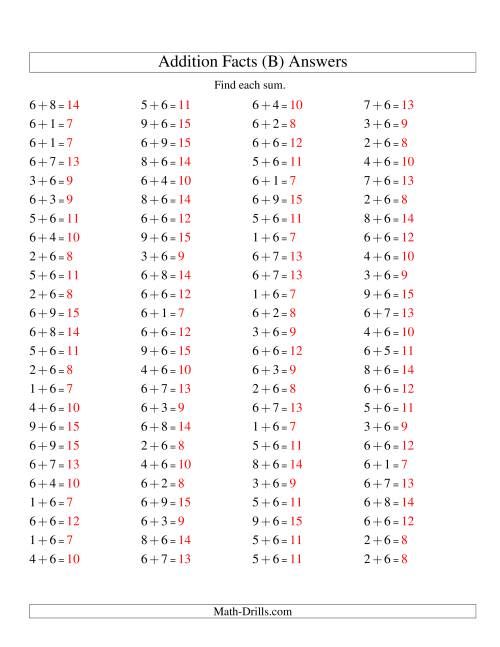 The Single Digit Addition -- 100 Horizontal Questions -- Adding Sixes (B) Math Worksheet Page 2