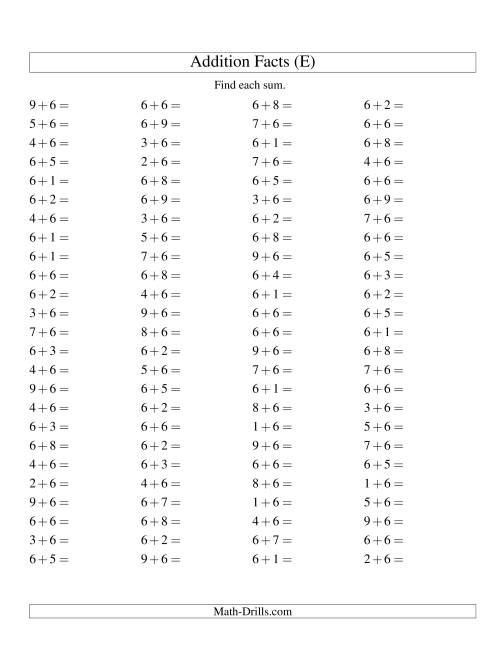The Single Digit Addition -- 100 Horizontal Questions -- Adding Sixes (E) Math Worksheet