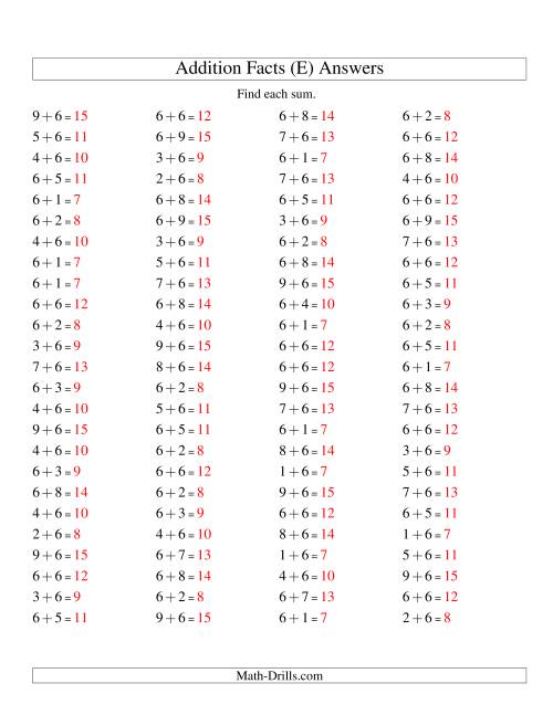 The Single Digit Addition -- 100 Horizontal Questions -- Adding Sixes (E) Math Worksheet Page 2