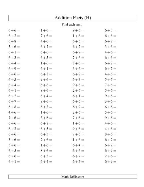 The Single Digit Addition -- 100 Horizontal Questions -- Adding Sixes (H) Math Worksheet