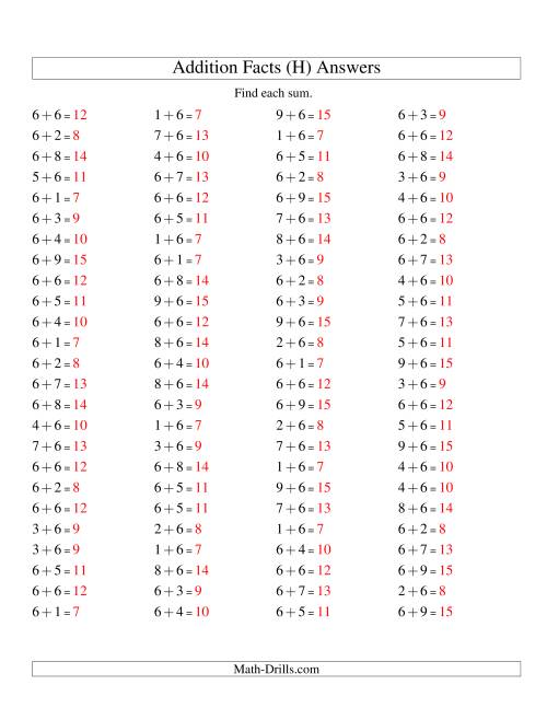 The Single Digit Addition -- 100 Horizontal Questions -- Adding Sixes (H) Math Worksheet Page 2