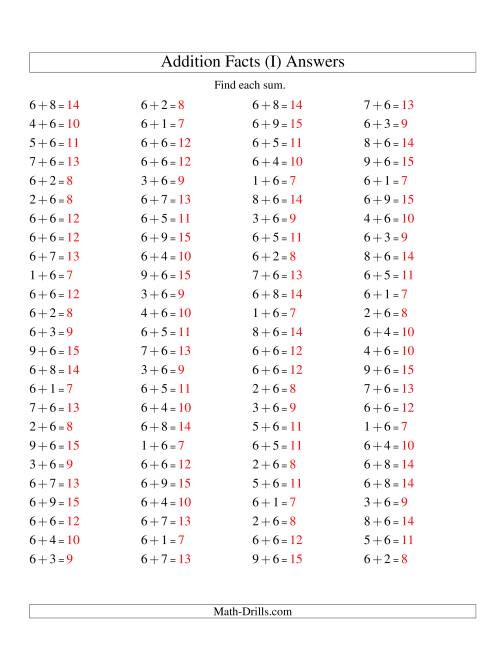The Single Digit Addition -- 100 Horizontal Questions -- Adding Sixes (I) Math Worksheet Page 2