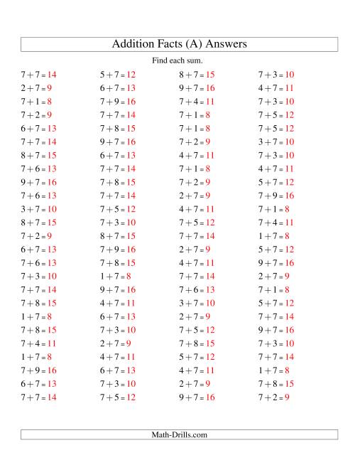 The Single Digit Addition -- 100 Horizontal Questions -- Adding Sevens (A) Math Worksheet Page 2