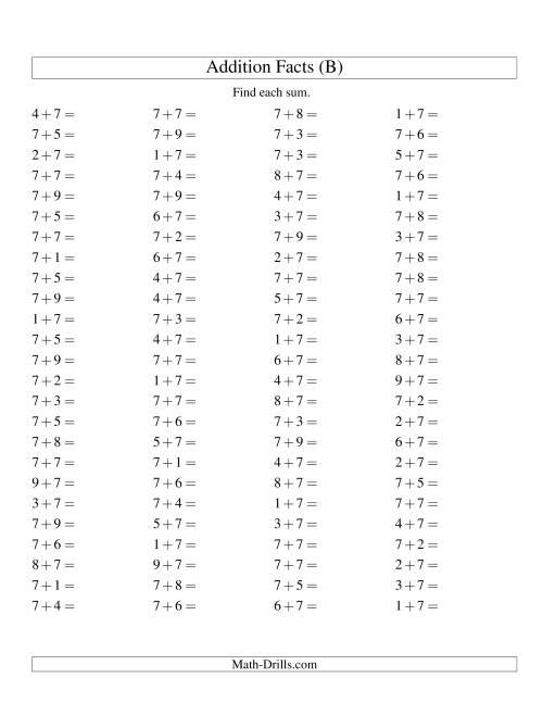 The Single Digit Addition -- 100 Horizontal Questions -- Adding Sevens (B) Math Worksheet