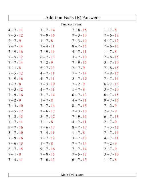 The Single Digit Addition -- 100 Horizontal Questions -- Adding Sevens (B) Math Worksheet Page 2