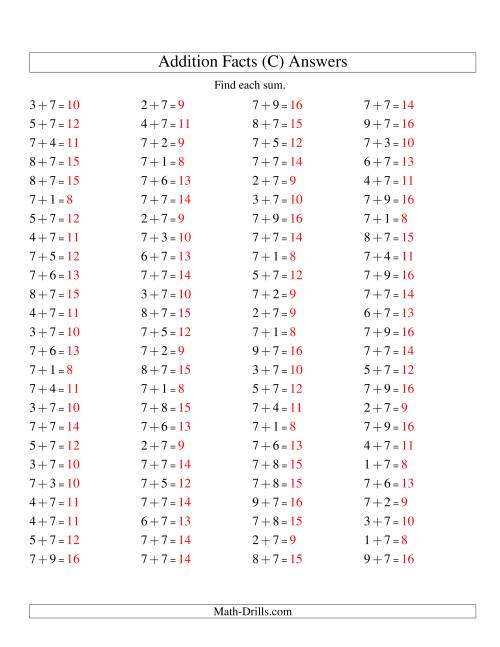 The Single Digit Addition -- 100 Horizontal Questions -- Adding Sevens (C) Math Worksheet Page 2