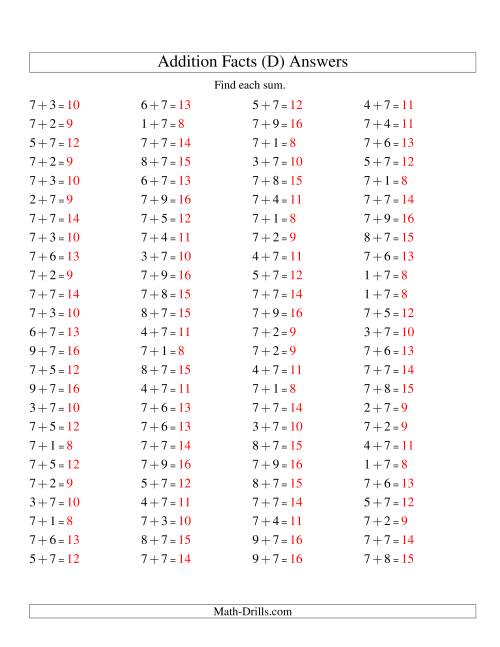 The Single Digit Addition -- 100 Horizontal Questions -- Adding Sevens (D) Math Worksheet Page 2