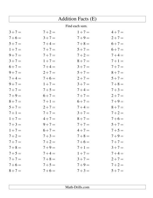 The Single Digit Addition -- 100 Horizontal Questions -- Adding Sevens (E) Math Worksheet