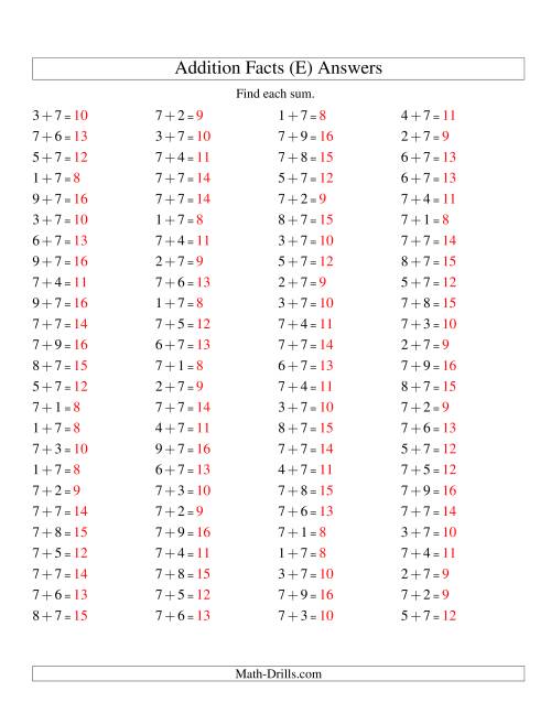 The Single Digit Addition -- 100 Horizontal Questions -- Adding Sevens (E) Math Worksheet Page 2