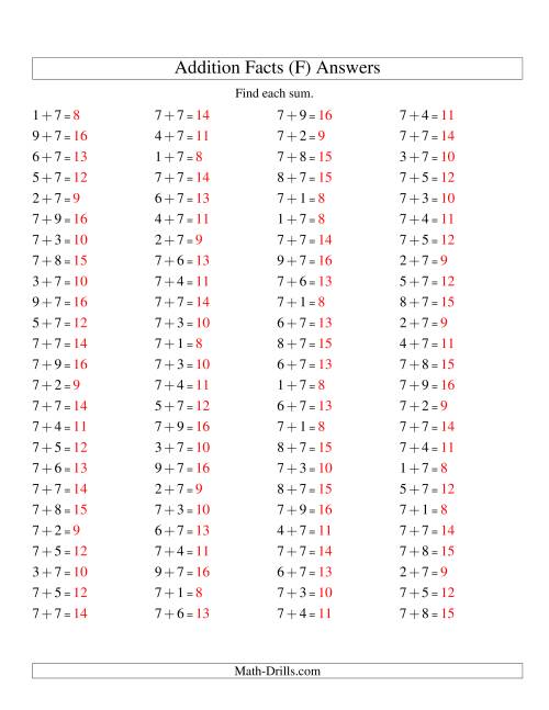 The Single Digit Addition -- 100 Horizontal Questions -- Adding Sevens (F) Math Worksheet Page 2