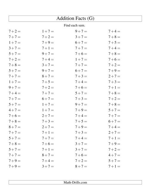 The Single Digit Addition -- 100 Horizontal Questions -- Adding Sevens (G) Math Worksheet
