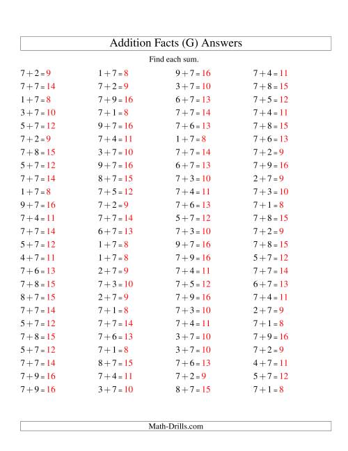 The Single Digit Addition -- 100 Horizontal Questions -- Adding Sevens (G) Math Worksheet Page 2