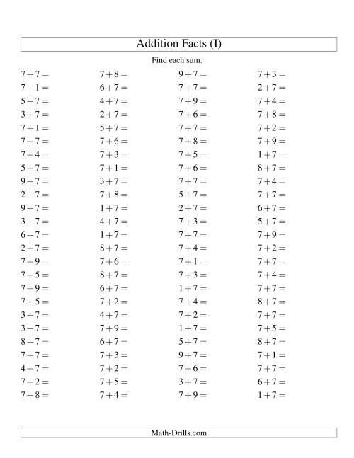The Single Digit Addition -- 100 Horizontal Questions -- Adding Sevens (I) Math Worksheet