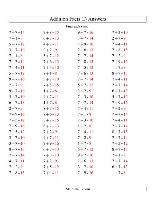 The Single Digit Addition -- 100 Horizontal Questions -- Adding Sevens (I) Math Worksheet Page 2