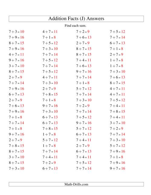 The Single Digit Addition -- 100 Horizontal Questions -- Adding Sevens (J) Math Worksheet Page 2