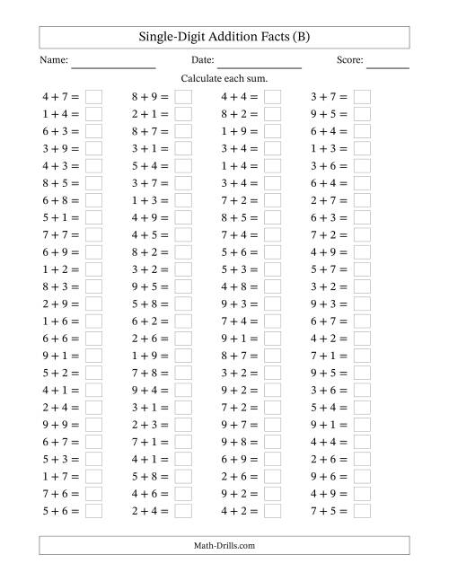 The Horizontally Arranged Single-Digit Addition Facts with Some Regrouping (100 Questions) (B) Math Worksheet