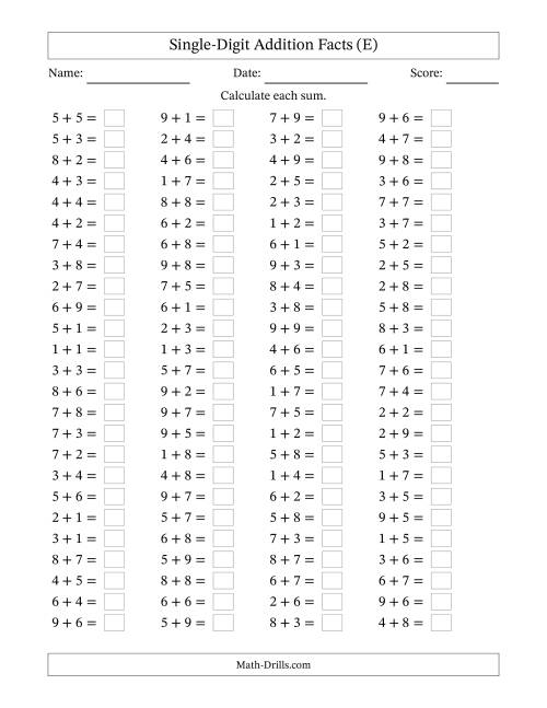 The Horizontally Arranged Single-Digit Addition Facts with Some Regrouping (100 Questions) (E) Math Worksheet