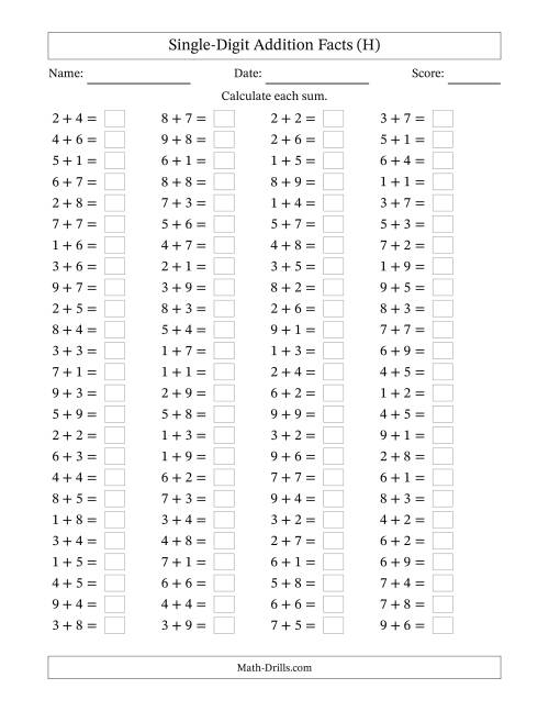 The Horizontally Arranged Single-Digit Addition Facts with Some Regrouping (100 Questions) (H) Math Worksheet