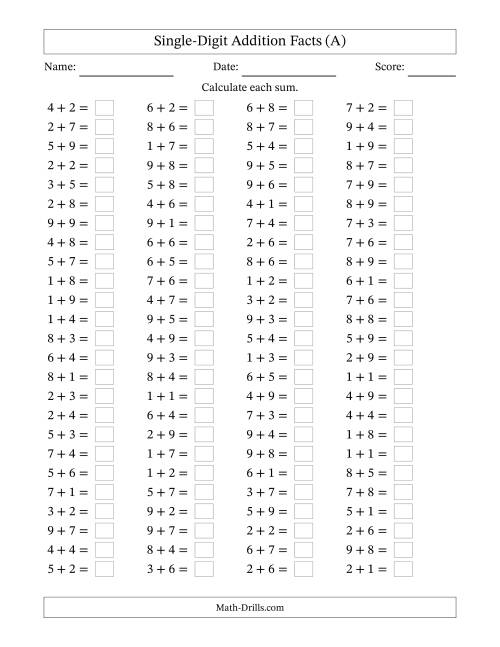 The Horizontally Arranged Single-Digit Addition Facts with Some Regrouping (100 Questions) (All) Math Worksheet