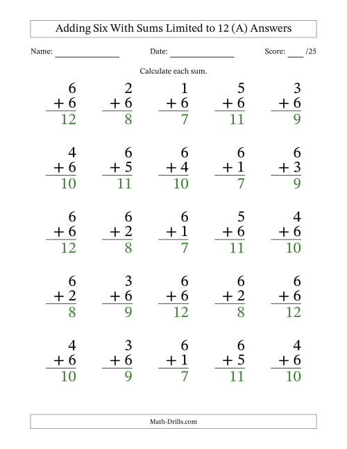 The Adding Six to Single-Digit Numbers With Sums Limited to 12 – 25 Large Print Questions (A) Math Worksheet Page 2