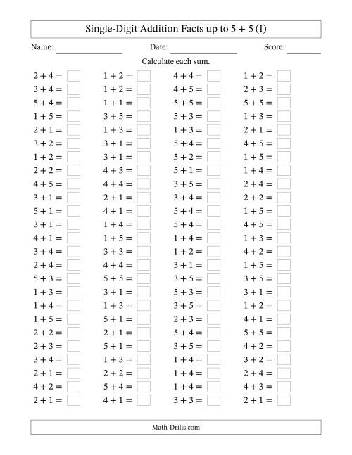 The Horizontally Arranged Single-Digit Addition Facts up to 5 + 5 (100 Questions) (I) Math Worksheet