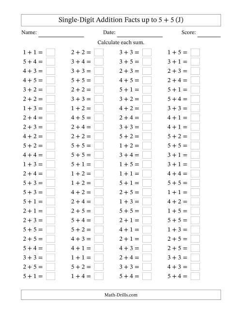 The Horizontally Arranged Single-Digit Addition Facts up to 5 + 5 (100 Questions) (J) Math Worksheet