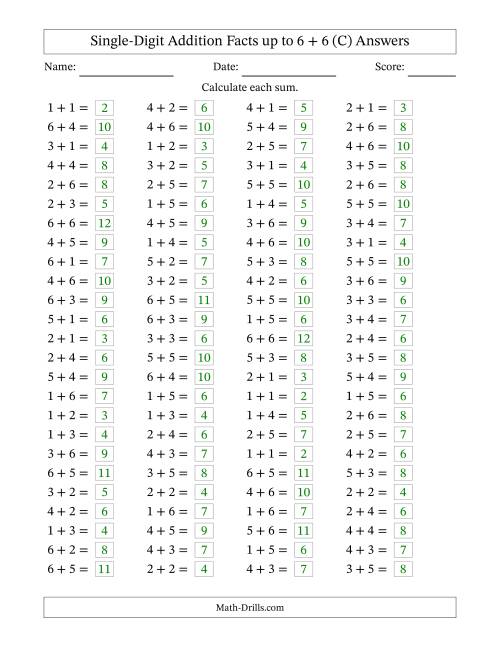 The Horizontally Arranged Single-Digit Addition Facts up to 6 + 6 (100 Questions) (C) Math Worksheet Page 2
