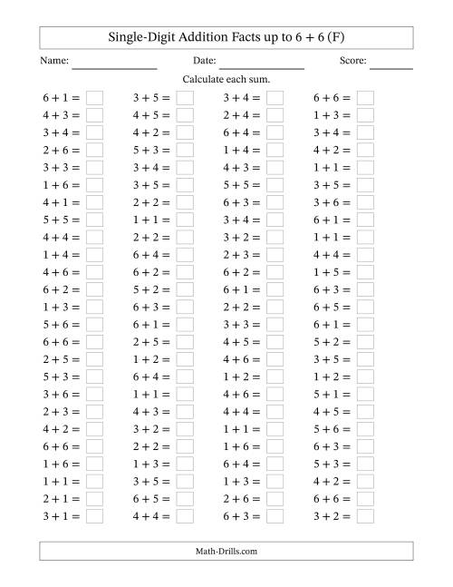 The Horizontally Arranged Single-Digit Addition Facts up to 6 + 6 (100 Questions) (F) Math Worksheet