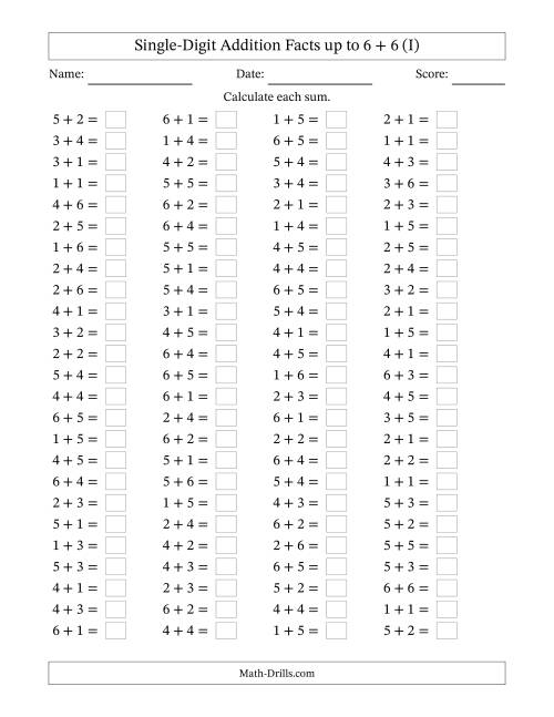 The Horizontally Arranged Single-Digit Addition Facts up to 6 + 6 (100 Questions) (I) Math Worksheet