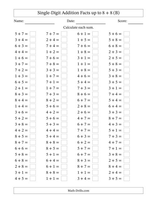 The Horizontally Arranged Single-Digit Addition Facts up to 8 + 8 (100 Questions) (B) Math Worksheet