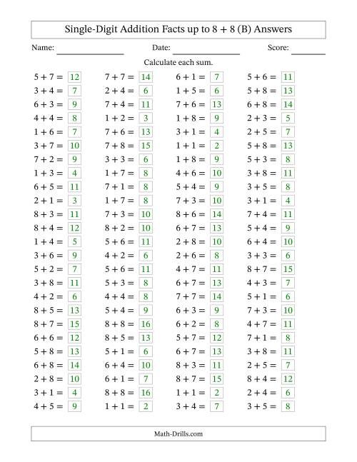 The Horizontally Arranged Single-Digit Addition Facts up to 8 + 8 (100 Questions) (B) Math Worksheet Page 2