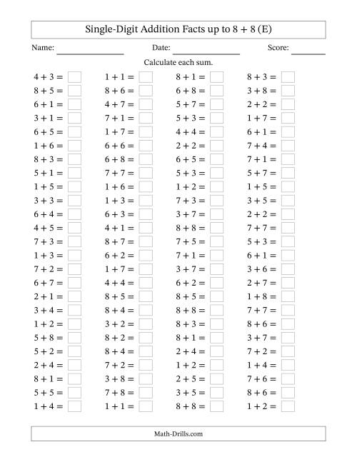 The Horizontally Arranged Single-Digit Addition Facts up to 8 + 8 (100 Questions) (E) Math Worksheet