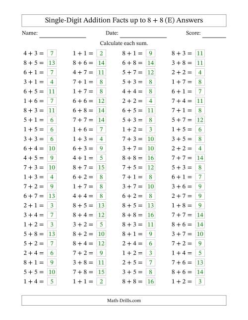 The Horizontally Arranged Single-Digit Addition Facts up to 8 + 8 (100 Questions) (E) Math Worksheet Page 2