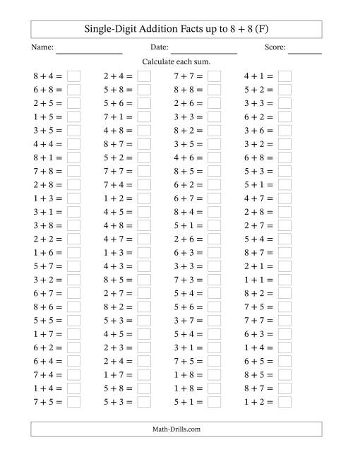 The Horizontally Arranged Single-Digit Addition Facts up to 8 + 8 (100 Questions) (F) Math Worksheet