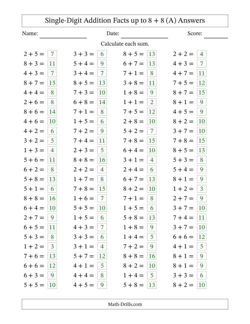 The Horizontally Arranged Single-Digit Addition Facts up to 8 + 8 (100 Questions) (All) Math Worksheet Page 2