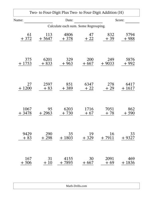 The Two- to Four-Digit Plus Two- to Four-Digit Addition With Some Regrouping – 36 Questions (H) Math Worksheet