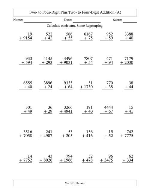 The Two- to Four-Digit Plus Two- to Four-Digit Addition With Some Regrouping – 36 Questions (All) Math Worksheet