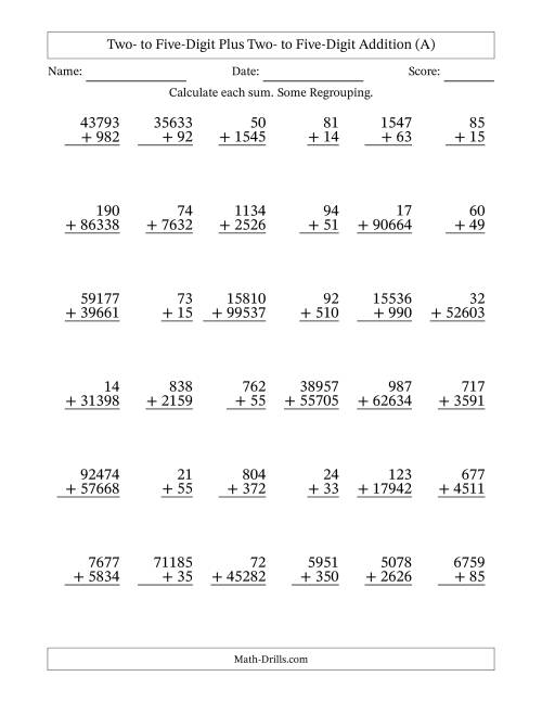 The Two- to Five-Digit Plus Two- to Five-Digit Addition With Some Regrouping – 36 Questions (A) Math Worksheet